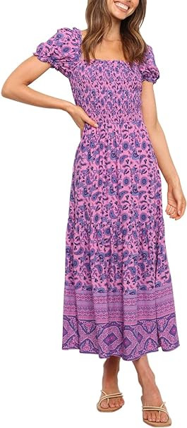 ZESICA Women's 2024 Summer Boho Floral Print Square Neck Ruffle Swing Beach Long Maxi Dress | Amazon (US)