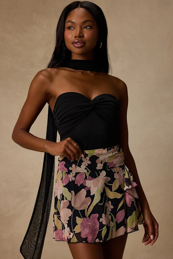 Bayla Black Multi Floral Ruffled Mini Skirt | Lulus