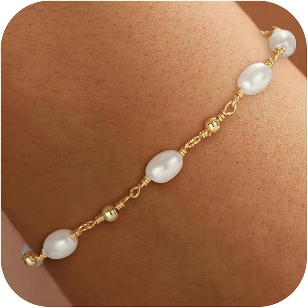 SLOONG Gold Pearl Bracelets for Women Trendy, 14K Real Gold Plated Dainty Stackable Snake Chain C... | Amazon (US)