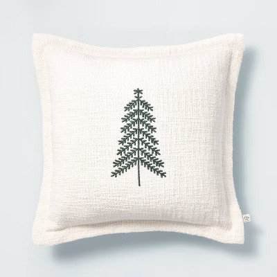 14"x14" Embroidered Winter Tree Square Throw Pillow Cream/Green - Hearth & Hand™... | Target