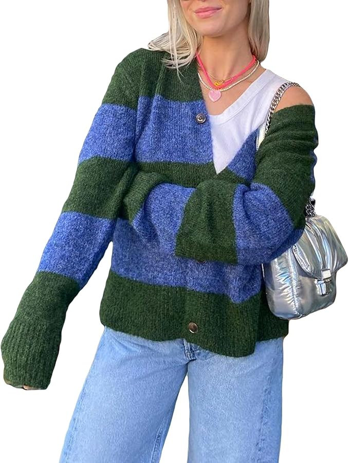 Unisex Striped Cardigan Sweaters 2024 Fall Open Front Long Sleeve Oversized Button V Neck Knit Ou... | Amazon (US)