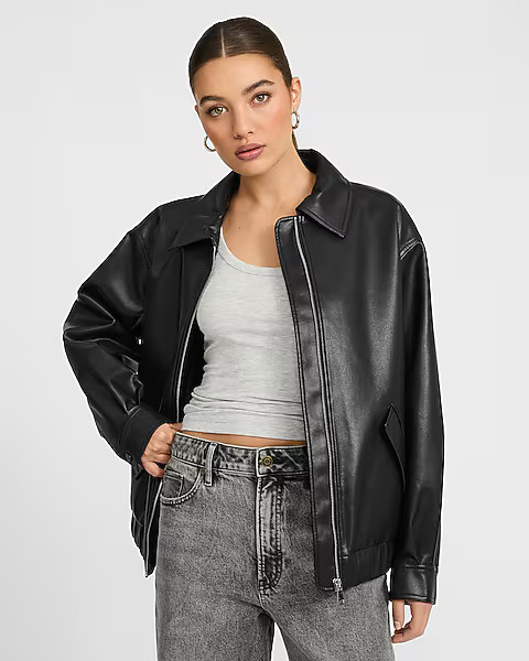 Oversized Faux Leather Bomber Jacket | Express