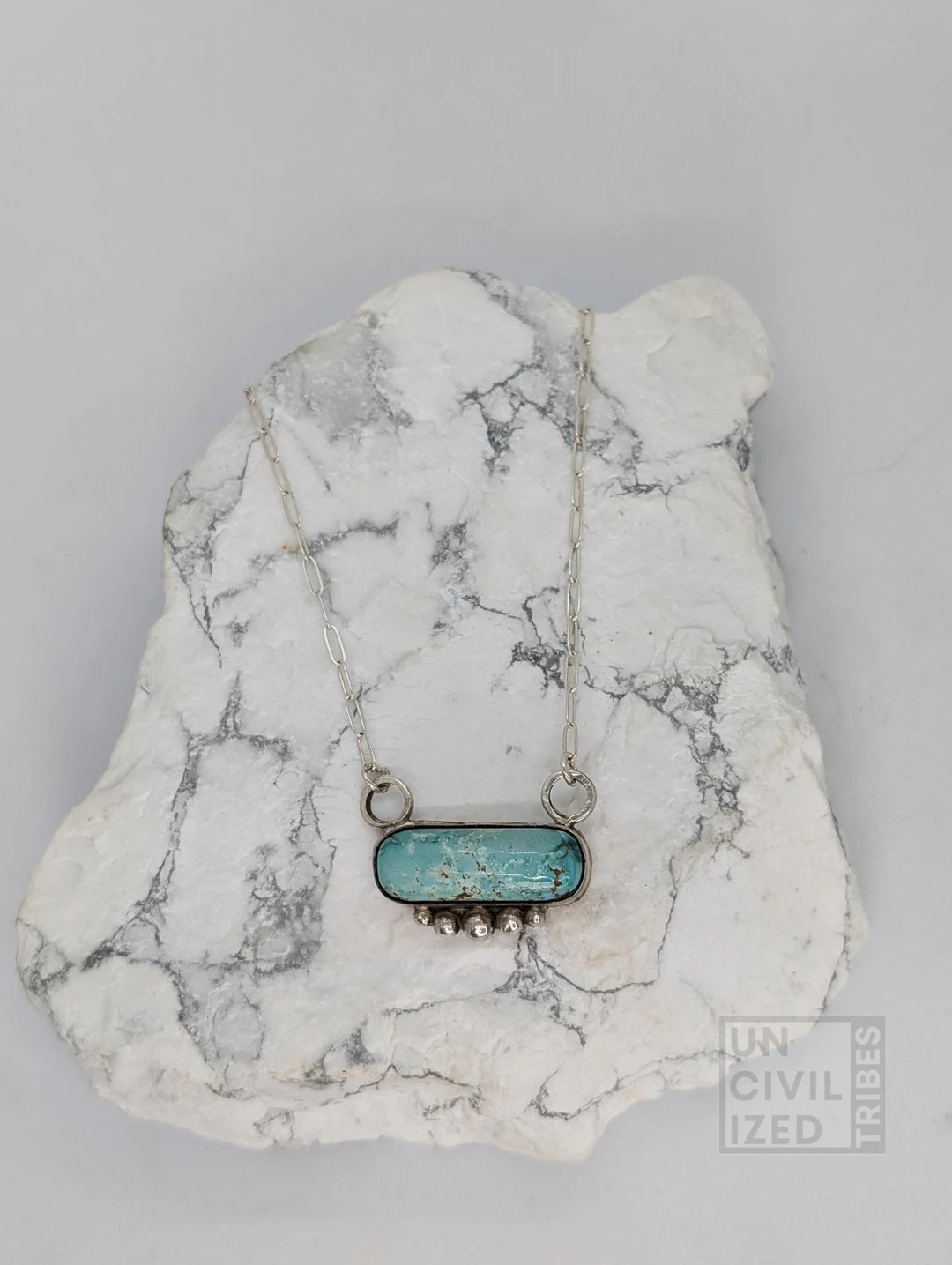 Genuine Turquoise Bar Necklace With Silver Pearls on 18 Solid Sterling Silver Paperclip Chain - E... | Etsy (US)