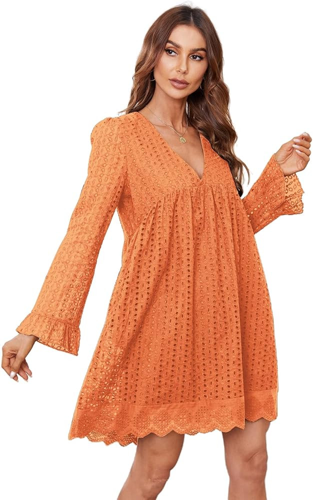 Women California Romper Dress with Shorts Summer Boho Fly Sleeve V-Neck Lace Eyelet Mini Dresses wit | Amazon (US)