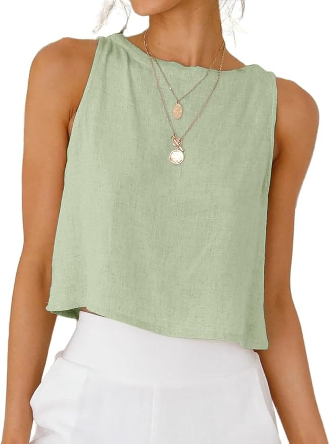 Womens Linen Crop Tank Tops 2026 Spring Summer Beach Sleeveless Tops | Amazon (US)