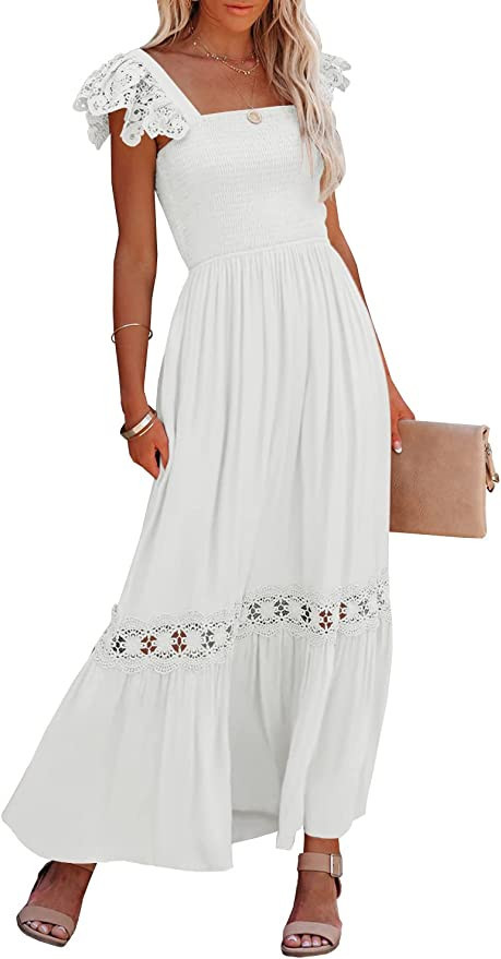 Ferlema Womens Summer Boho Lace Strap Sleeveless Square Neck Ruffle A Line Flowy Beach Long Maxi ... | Amazon (US)