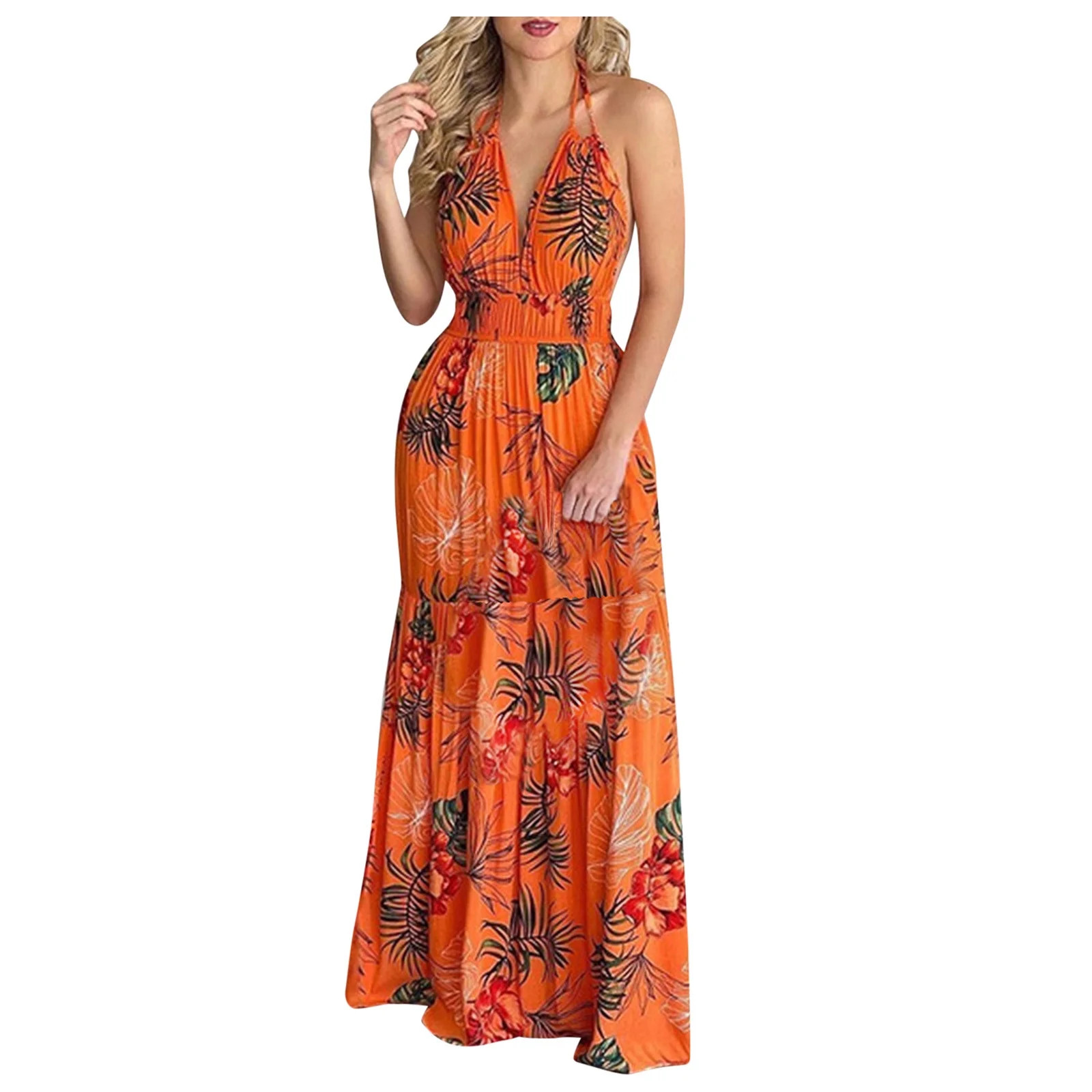 YODETEY Summer Dresses Women Tropical Print Halter Backless Maxi Dress Sleeveless Beach Dress | Walmart (US)