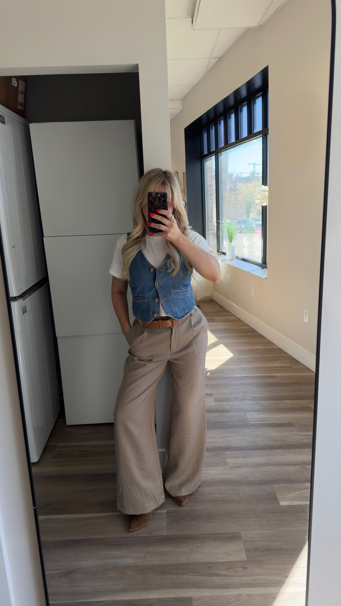Business casual  spring outfit 
Sending vest size small 
White cropped tshirt size small 
Beige wide leg dress pants size 4 

#LTKWorkwear #LTKmomlife #LTKootd
