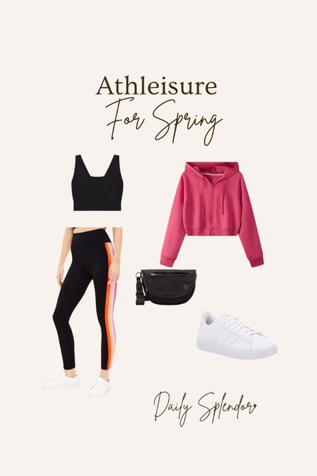 Comfy athletic set, spring outfit, pink hoodie, white sneakers, lululemon bag, everyday essentials, striped legging

#LTKFind #LTKunder100 #LTKfit