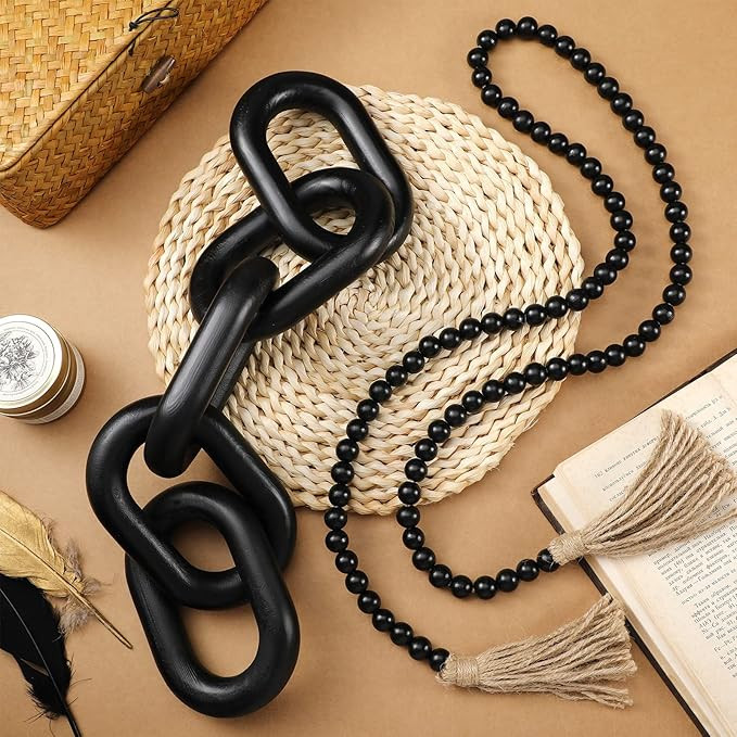 Wood Chain Link Decor and Wooden Bead Garland Tassel Set Black Decorative Boho Farmhouse Wooden T... | Amazon (US)