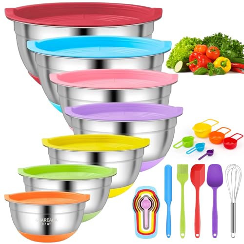 CHAREADA Mixing Bowls with Airtight Lids, 18pcs Stainless Steel Nesting Mixing Bowls Set Non-slip Silicone Bottom, Size 4.5, 3.6, 2.7, 2.1, 1.7, 1.1, 0.7 qt, Fit for Mixing & Serving(Colorful) | Amazon (US)