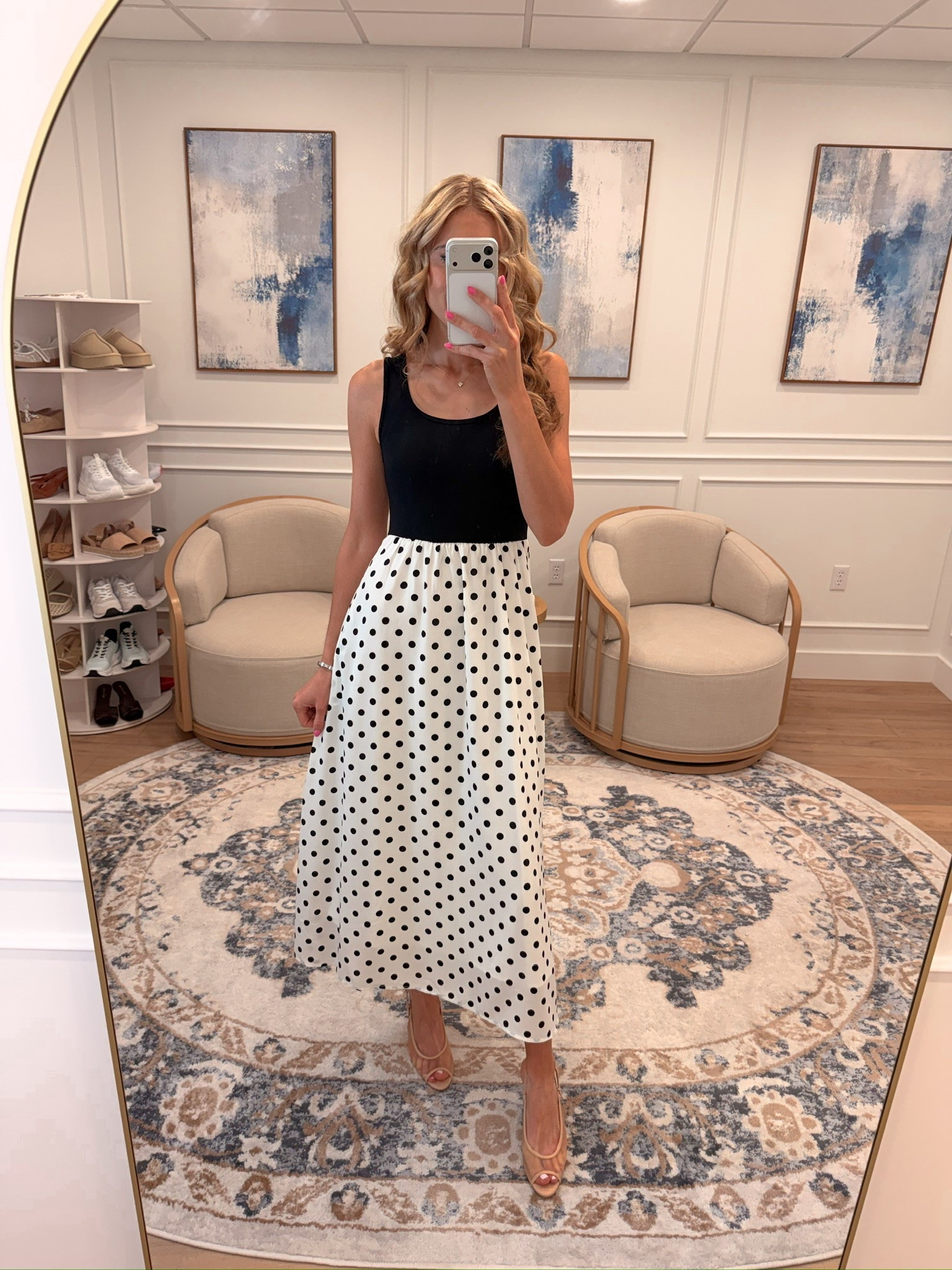this black tank top bodice with a polka dot maxi skirt is such a fun contrast — feels like two pieces but comes as one dress
True to size, styled with nude peep-toe heels

#LTKWedding #LTKootd #LTKSeasonal