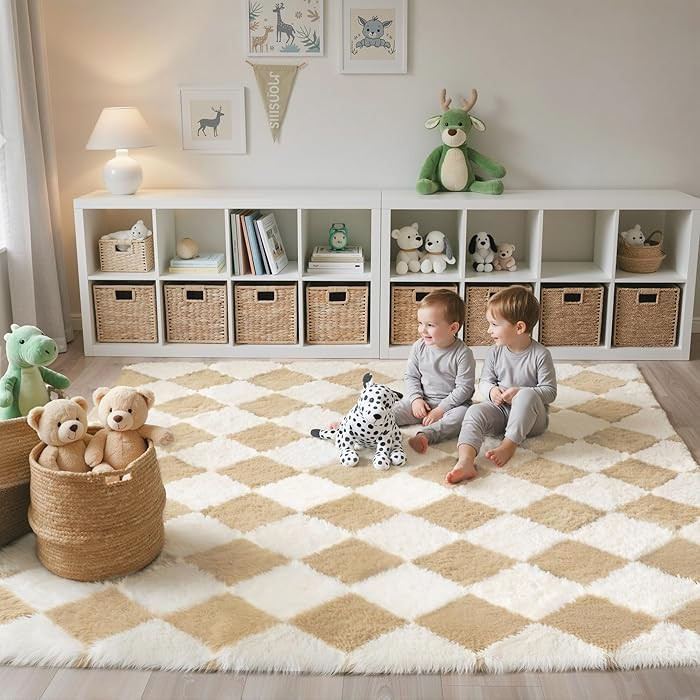GENIMO Checkered Rug 5x7 Area Rugs for Kids Bedroom Soft Shag Rug Fluffy Fuzzy Carpet Plush Rugs ... | Amazon (US)