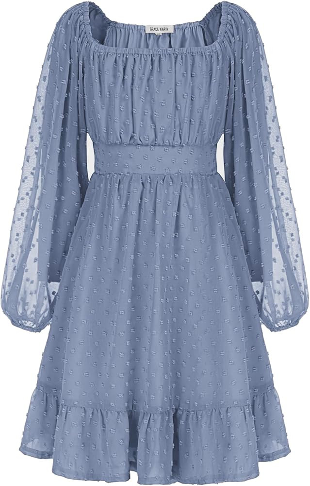 GRACE KARIN Girls Ruffle Tiered Dress Long Sleeve Swiss Dot Flowy A-Line Dress 6-14Y | Amazon (US)
