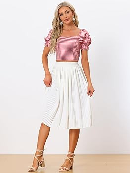 Allegra K Smocked Crop Top for Women's Bubble Sleeve Peasant Gingham Plaid Tops | Amazon (US)