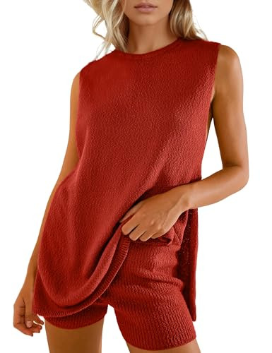 Dsewpaur Women Summer Sleeveless Sweater Set 2 Piece Outfits Knit Tank Top Mini Shorts Matching Beach Vacation Set | Amazon (US)