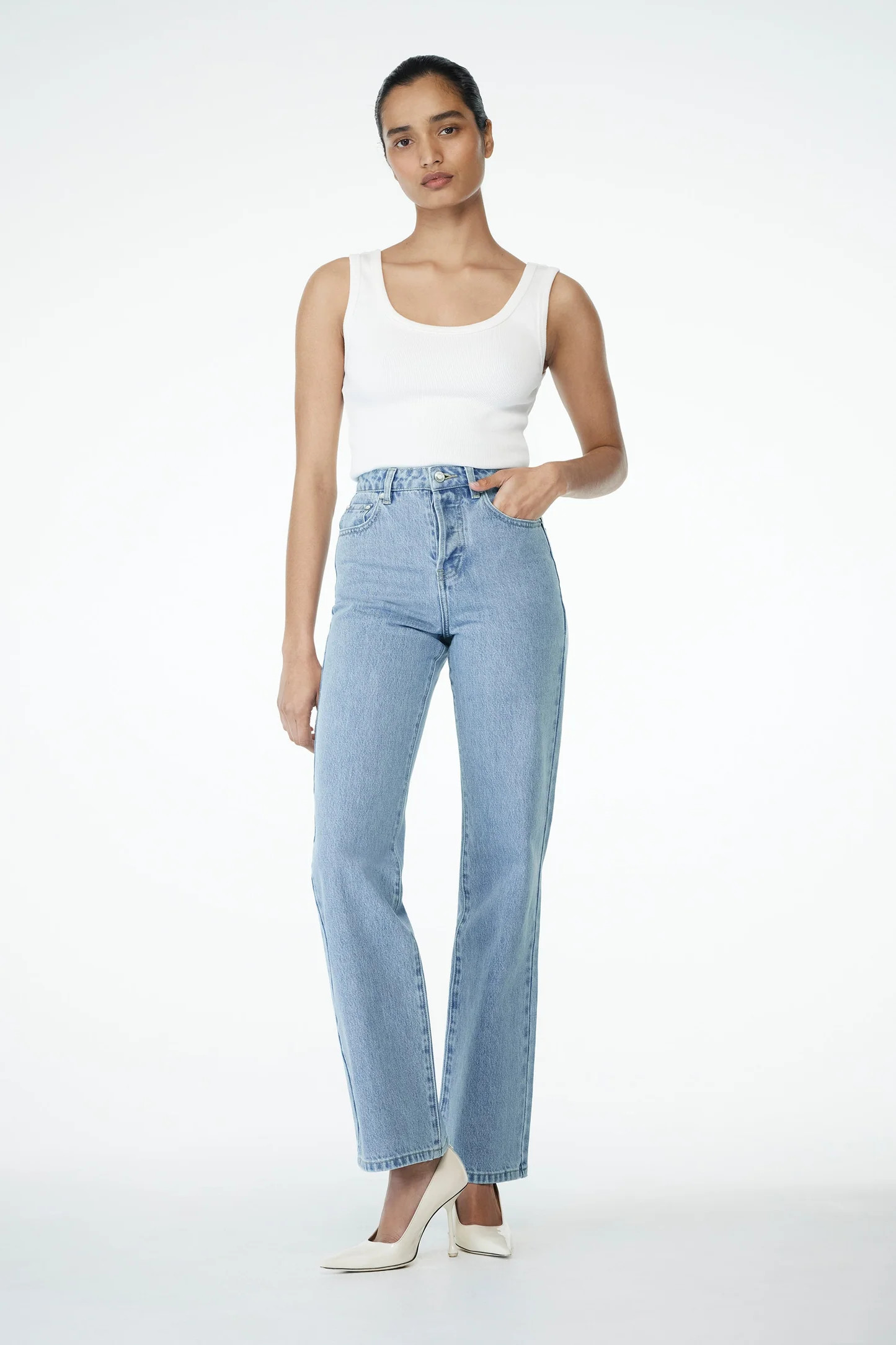 Janine High Waisted Straight Leg Jeans - Classic Blue | MESHKI US