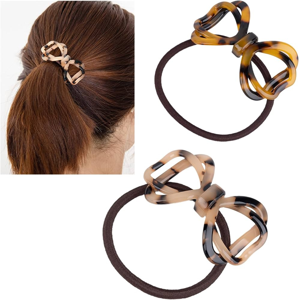Framendino, 2 Pack Tortoise Shell Hair Ties Bow Bowknot Hair Tie Elastic Hair Bands Ponytail Hold... | Amazon (US)