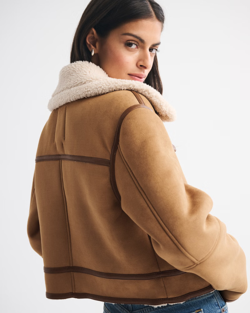 Women's Short Vegan Suede Shearling Coat | Women's Coats & Jackets | Abercrombie.com | Abercrombie & Fitch (US)