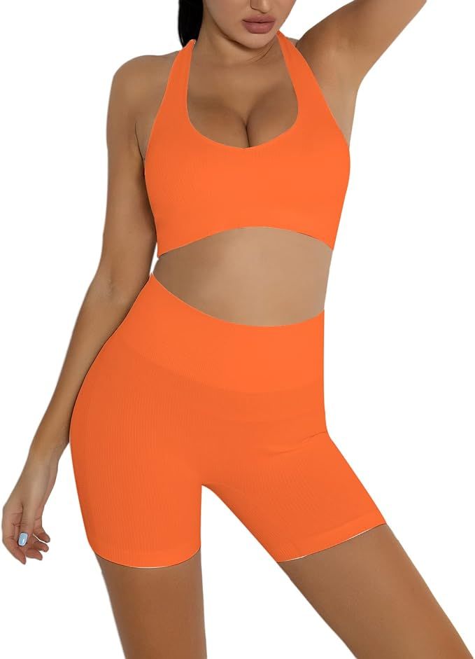DADAB Workout Sets Two Piece Outfits for Women Clothes Gym Yoga Seamless Racerback Sports Bra Tan... | Amazon (US)