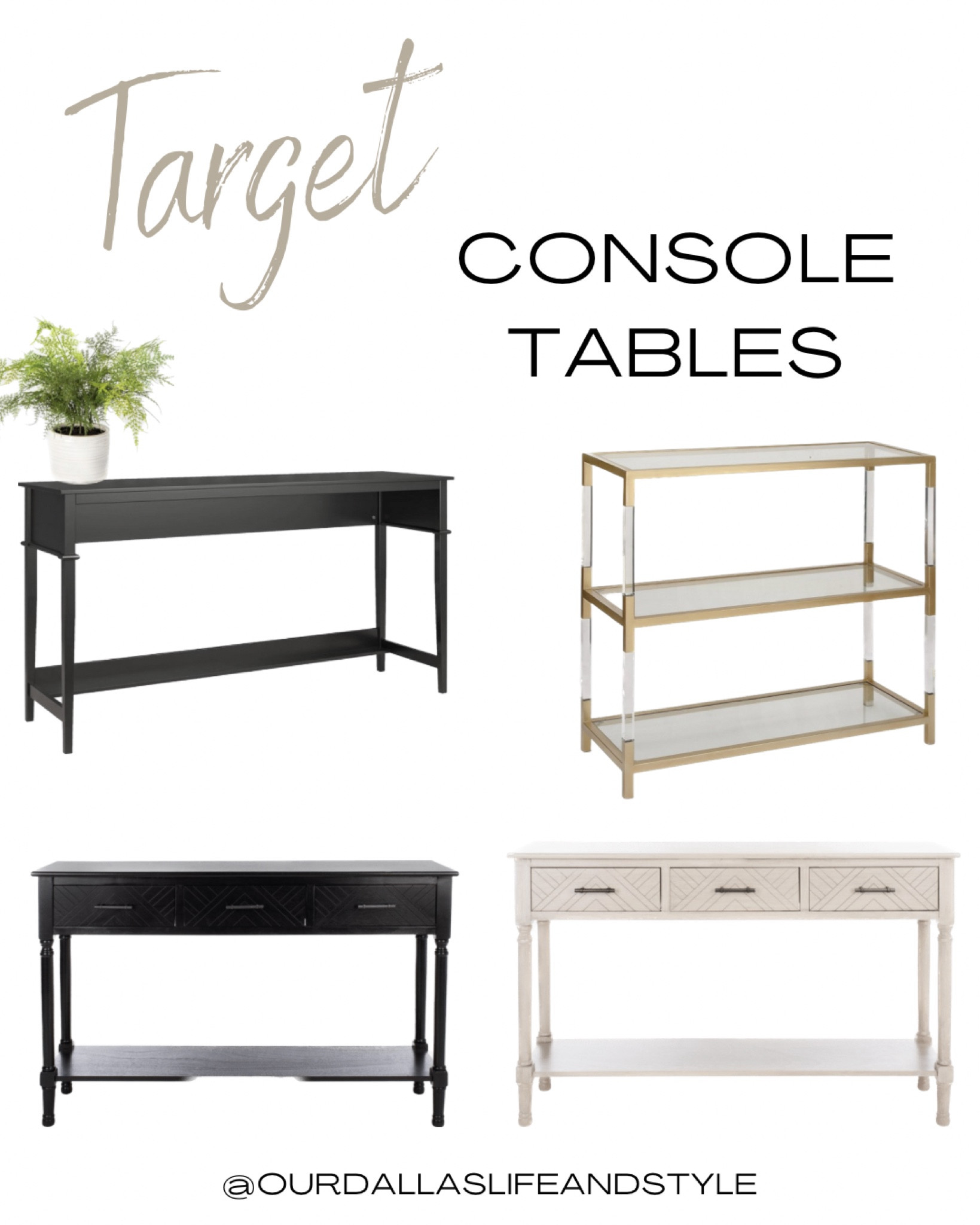 Target has some beautiful and timeless console tables online. These are a few of my favorites. 


Console, sofa table, transitional design, entryway, black console, gold console 

#LTKstyletip #LTKhome