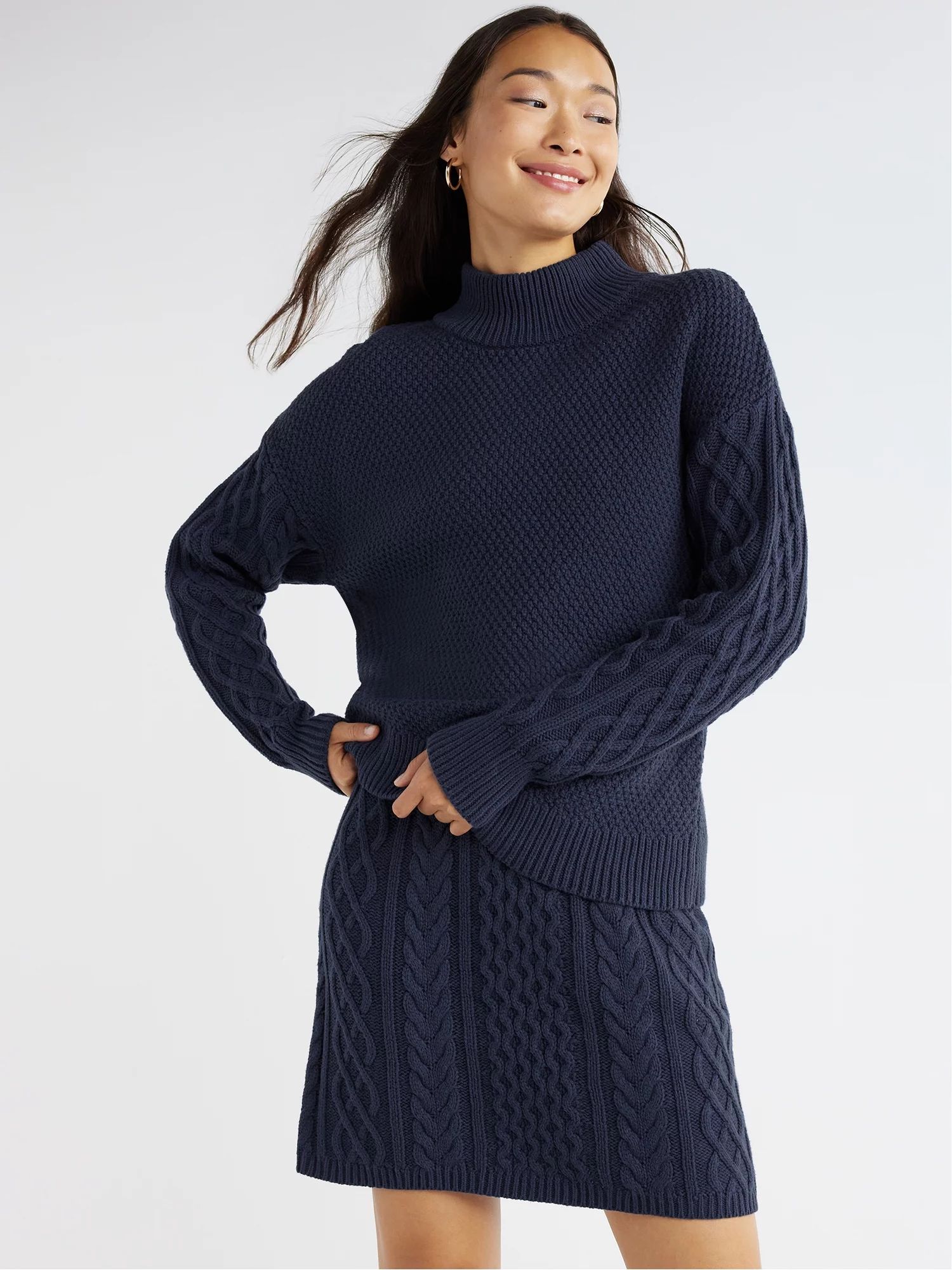 Time and Tru Women's Mock Neck Cable Knit Sweater and Skirt Set, 2-Piece, Sizes XS-XXXL | Walmart (US)