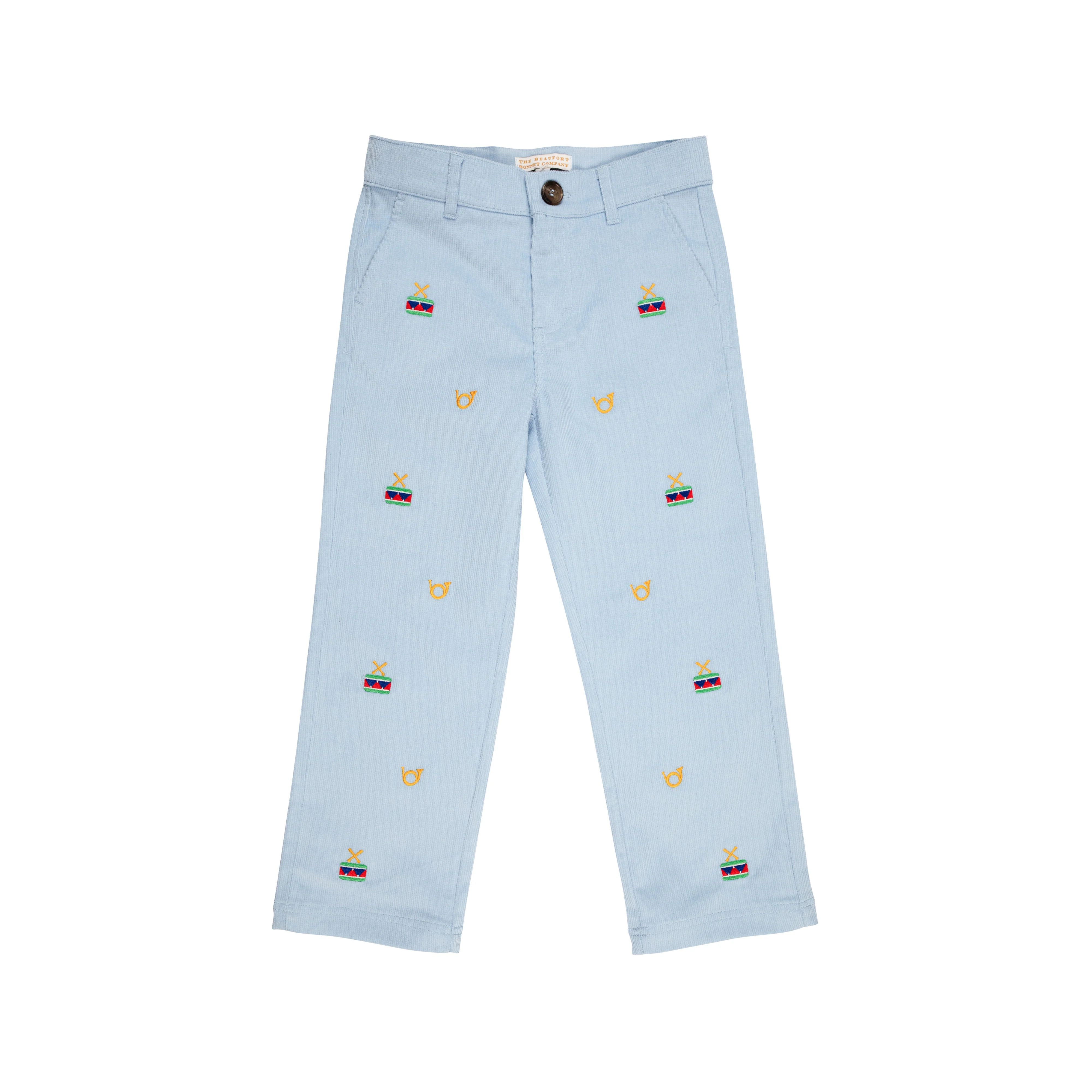 Critter Prep School Pants (Corduroy) - Barrington Blue with Drum & French Horn Embroidery | The Beaufort Bonnet Company