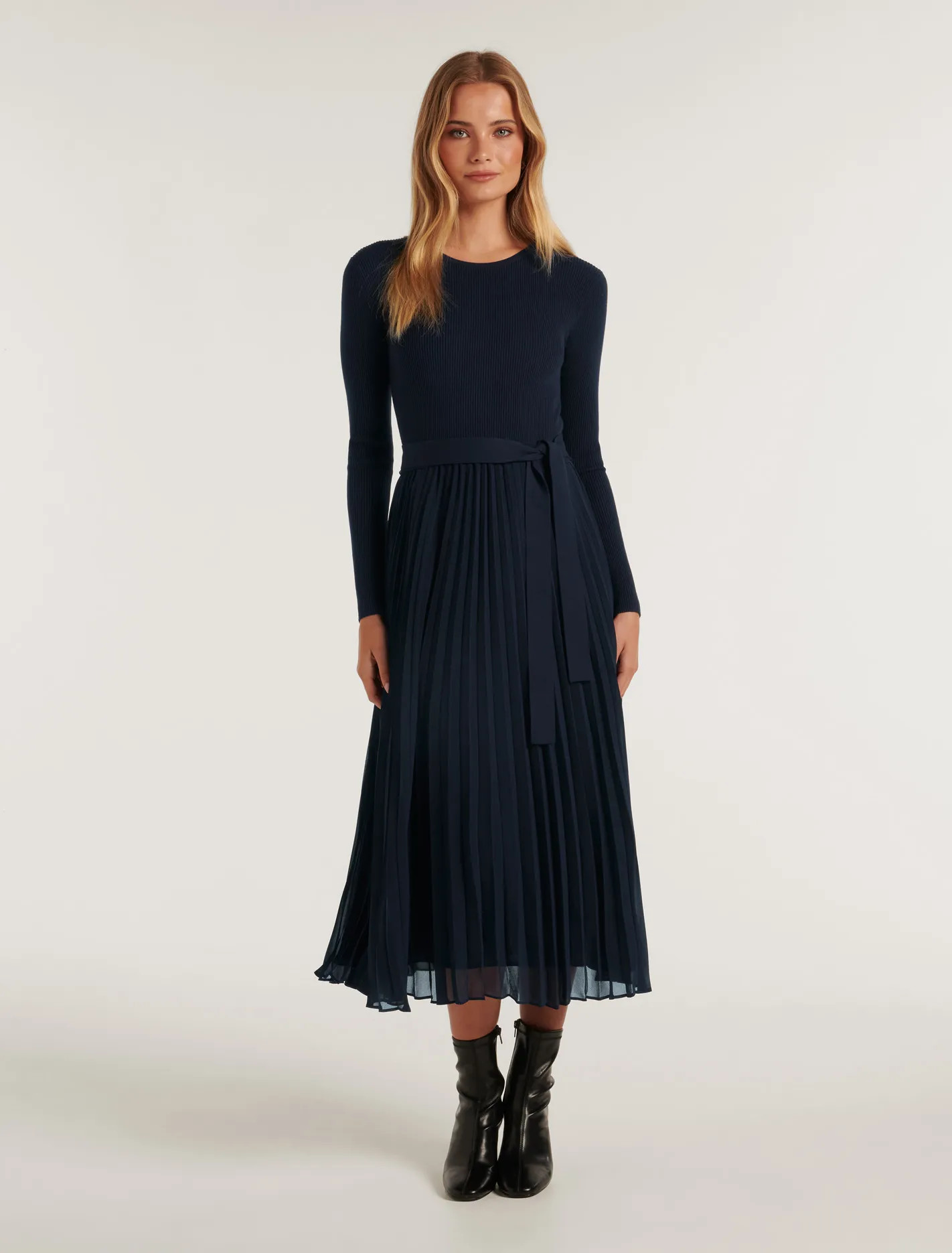Penelope Crew Neck Woven-Mix Dress | Forever New (AU)