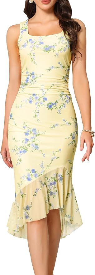 Allegra K Summer Floral Bodycon Dress for Women's Sleeveless Square Neck Ruched Mesh Fishtail Dre... | Amazon (US)