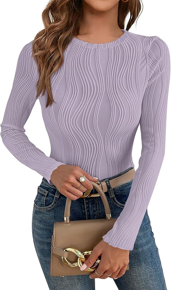 PRETTYGARDEN Women's Tops 2026 Spring Fashion Long Sleeve Crewneck Blouse Fitted Textured Basic K... | Amazon (US)