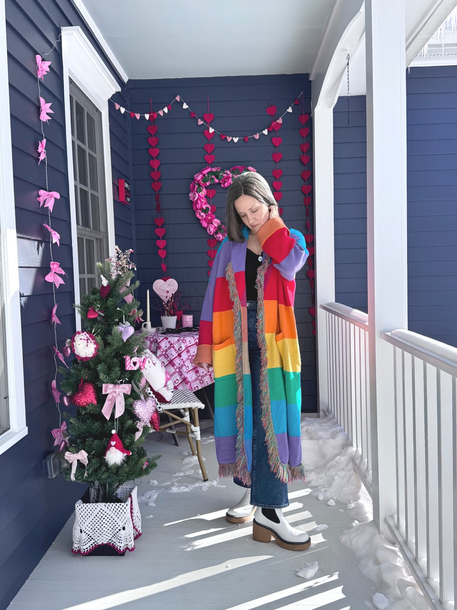 🌈🦄 party fun today. 
Sweater is Dressed in Lala, from a year ago. Frame denim and older platform boot. 

#LTKSeasonal #LTKdayinmylife