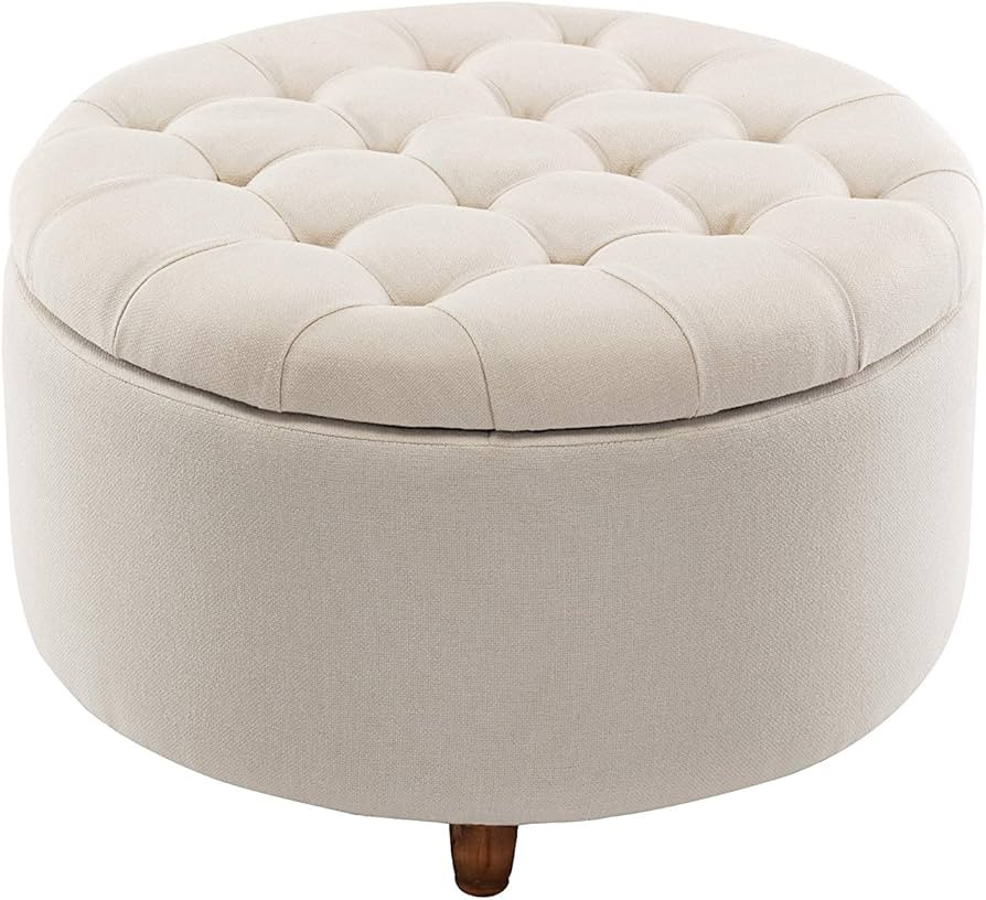 Wovenbyrd 28-Inch Wide Button Tufted Round Storage Ottoman Footstool with Lift Off Lid, Cream Fab... | Amazon (US)
