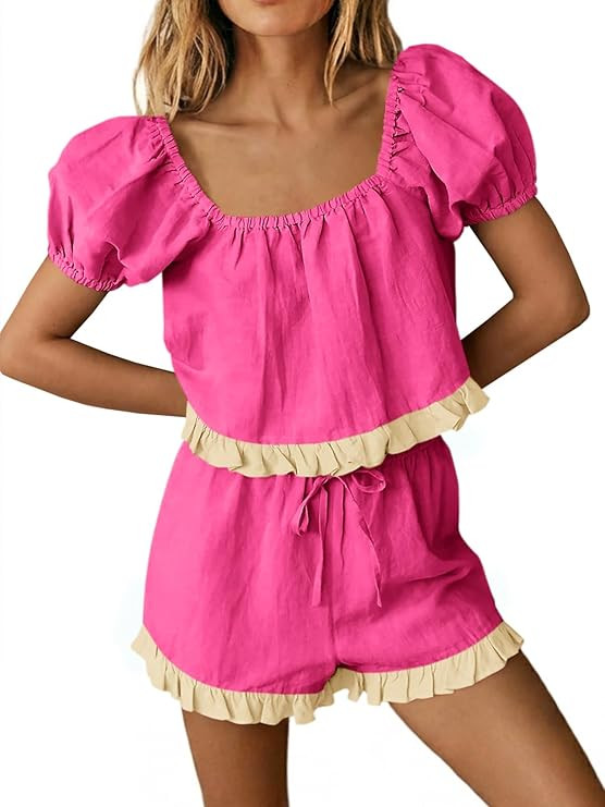 Tankaneo Womens 2 Piece Short Sets Summer Puff Sleeve Square Neck Babydoll Tops Cute Lounge Set C... | Amazon (US)