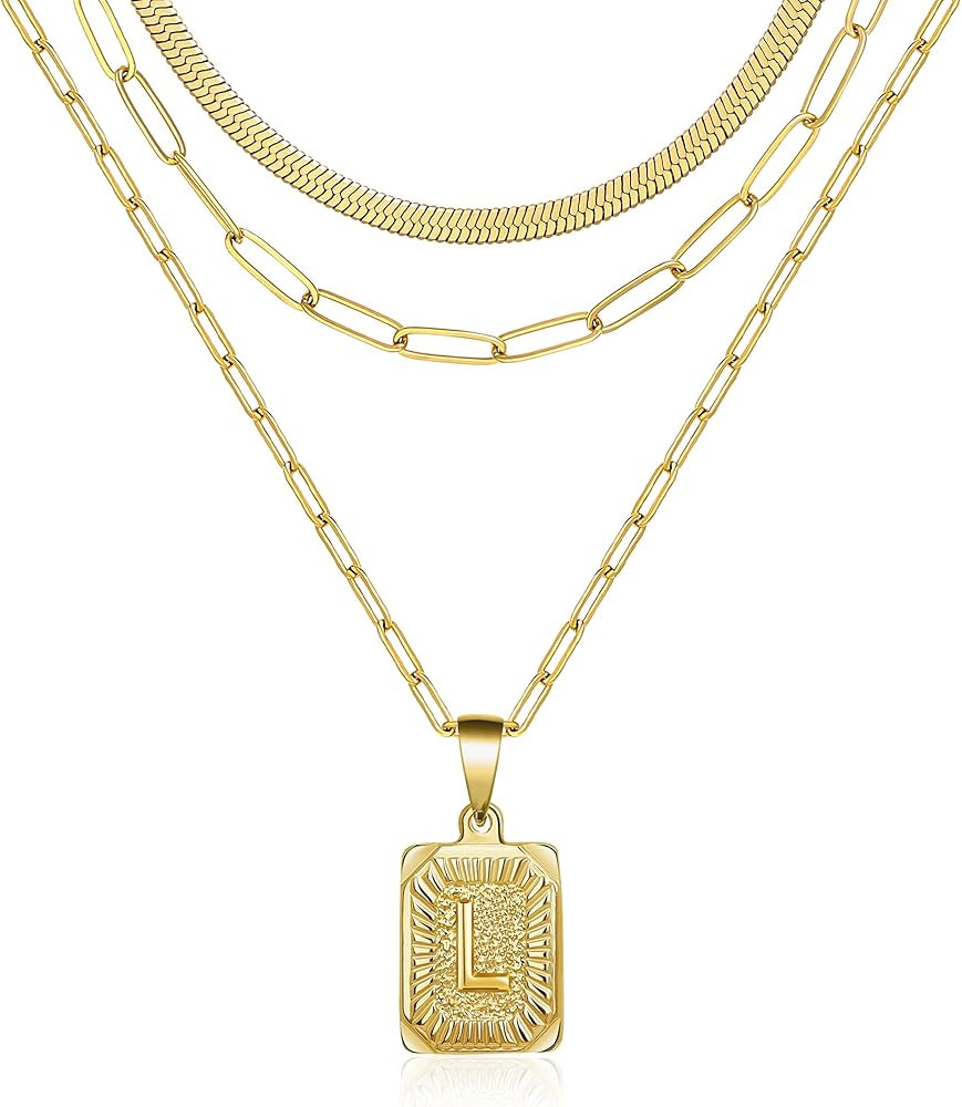 Dainty Layered Initial Necklaces for Women, 18K Gold Plated Paperclip Chain Necklace Simple Cute ... | Amazon (US)