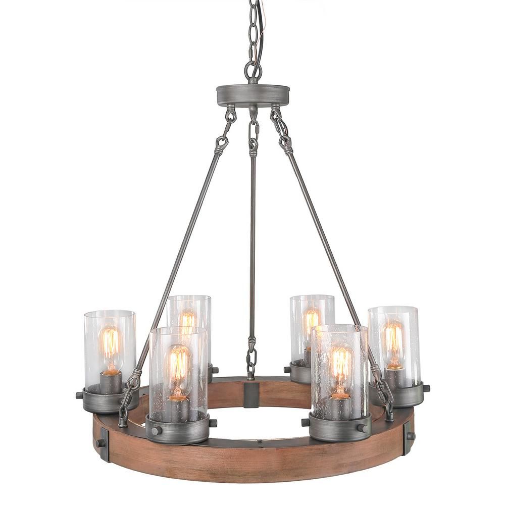 6-Light Aged Silver Circular Wood Chandelier with Glass Shade | The Home Depot