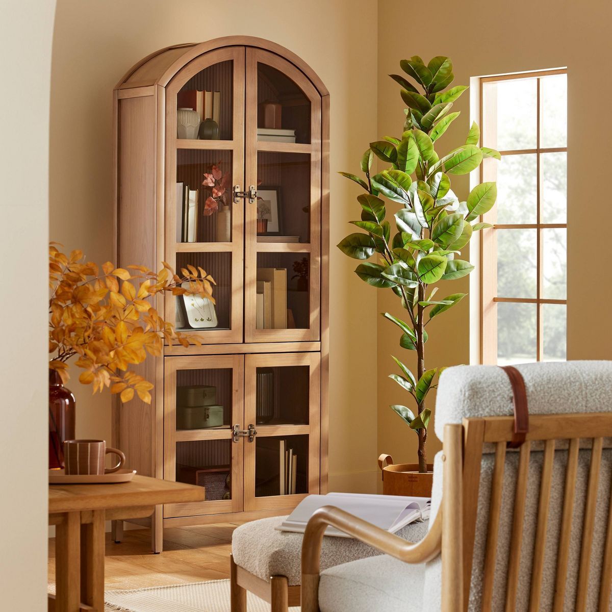 Grooved Wood with Glass 4-Door Arch Cabinet - Natural - Hearth & Hand™ with Magnolia | Target