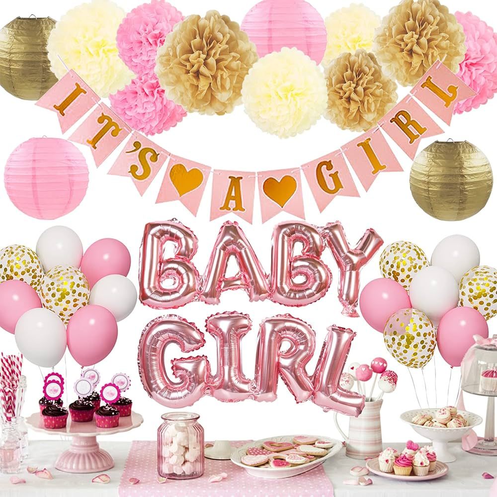 Ouddy Party Pink Baby Shower Decorations for Girl with Its a Girl Banner, Baby Girl Letter Pink G... | Amazon (US)