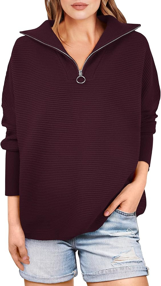 ANRABESS Women Quarter Zip Oversized Casual Loose Rib Knit Cozy Pullover Sweaters Top 2025 Fall F... | Amazon (US)