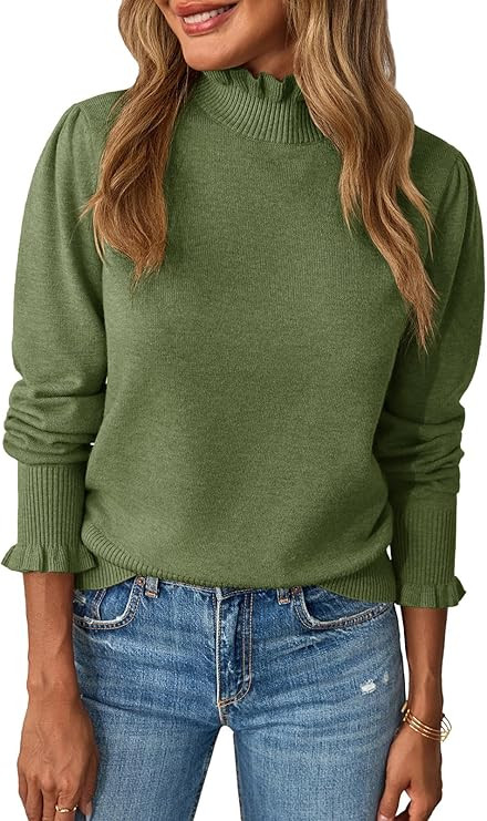 Saodimallsu Womens Ruffle Mock Neck Sweater Puff Long Sleeve Fall Soft Knit Casual Pullover Sweat... | Amazon (US)