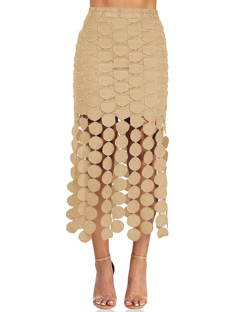 Cicy Bell Womens Hollow Out Maxi Skirts Summer High Waisted Boho Fringe Hem Skirt Beach Vacation ... | Amazon (US)