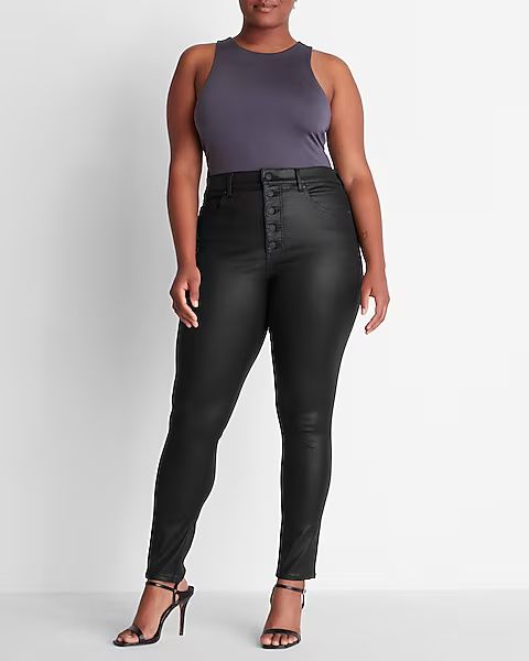 High Waisted Black Coated Button Fly Supersoft Skinny Jeans | Express