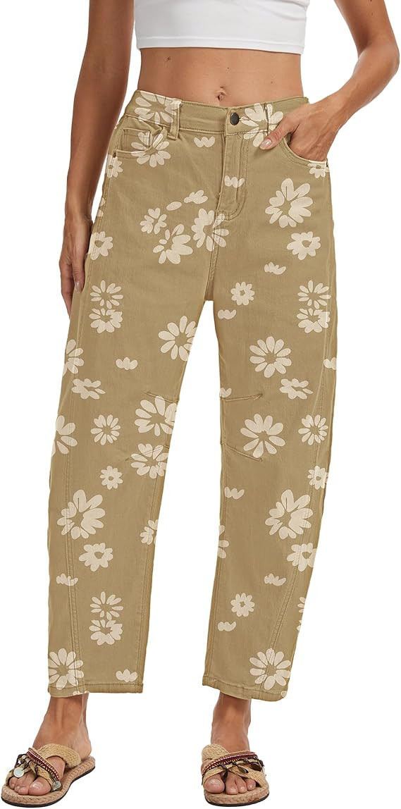 Barrel Jeans for Women Mid Rise Pull On Wide Leg Cropped Stretchy Boyfriend Denim Pants Trendy | Amazon (US)