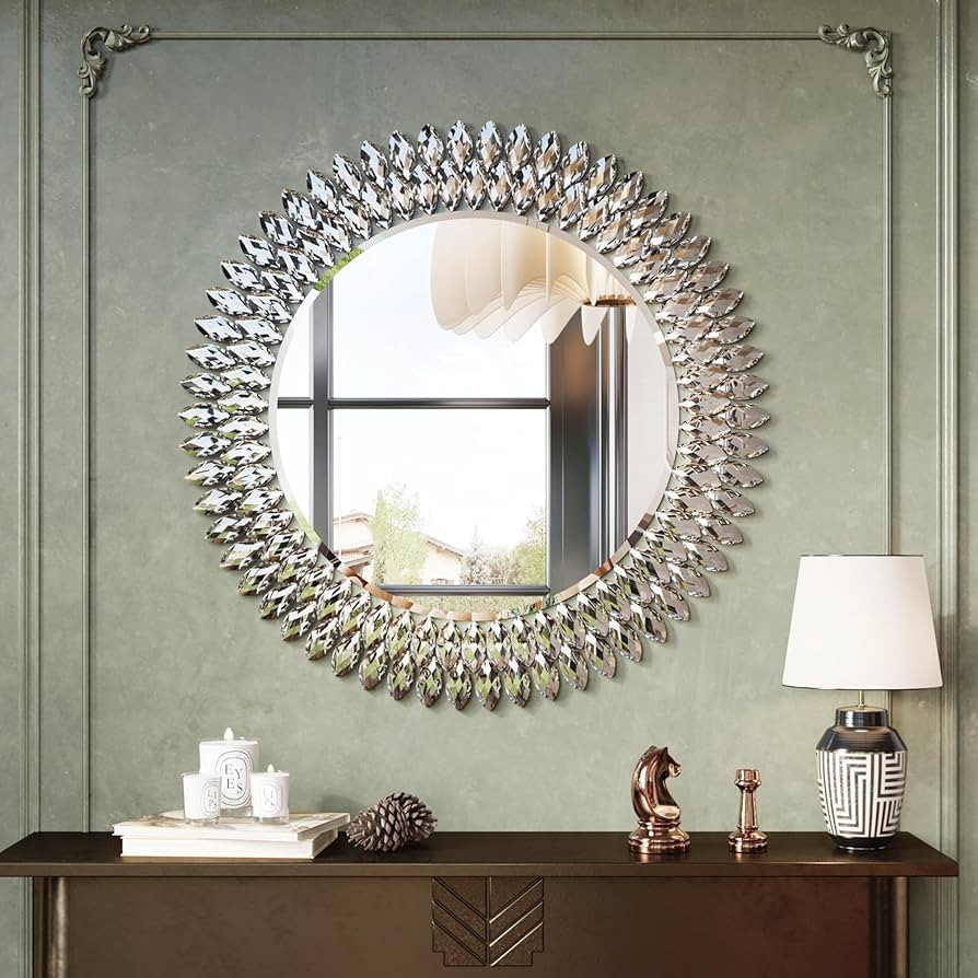 Kelly Miller Jeweled Mirror for Wall, 28 Inch Round Luxury Mirror with Sparkling Diamonds Beveled... | Amazon (US)