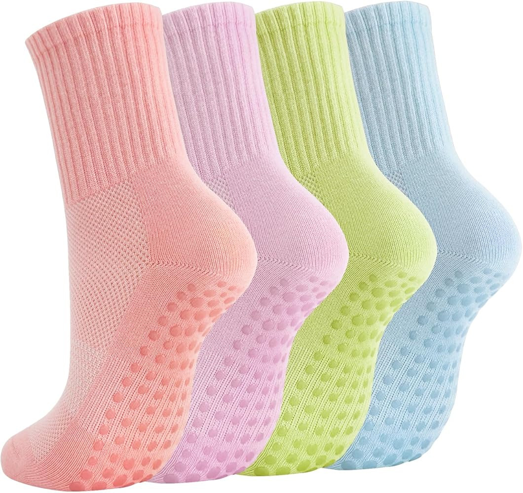 Breslatte Crew Pilates Socks with Grips for Women Non Slip Cotton Grip Socks for Yoga Hospital Ba... | Amazon (US)