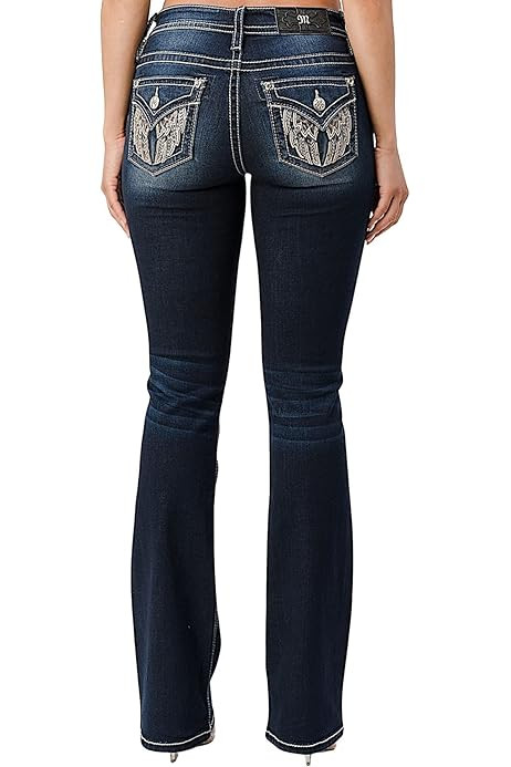 Miss Me Feather Long Horn Mid-Rise Boot Jean in Dark Blue | Amazon (US)