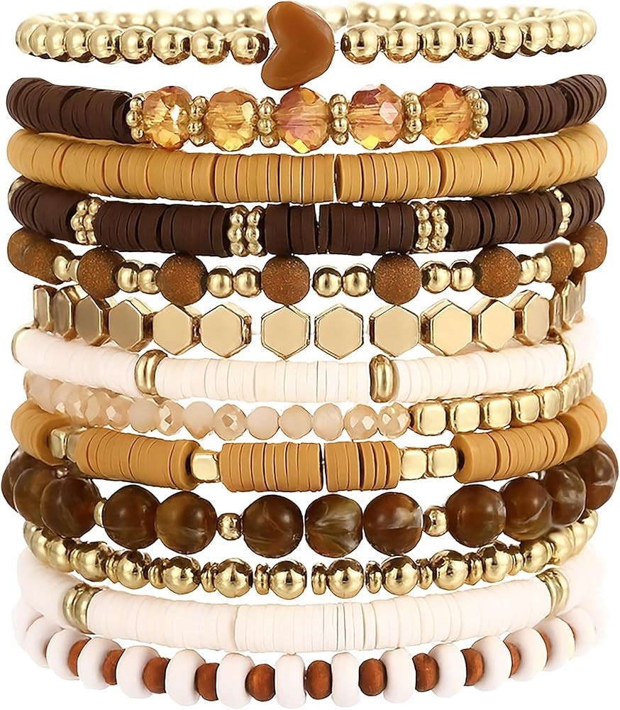 iF YOU 13pcs Heishi Clay Beaded Stretch Bracelets for Women, Boho Gold Surfer Stackable Bracelet ... | Amazon (US)