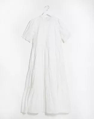 ASOS DESIGN short sleeve tiered cotton dobby smock maxi dress with lace inserts in white | ASOS (Global)