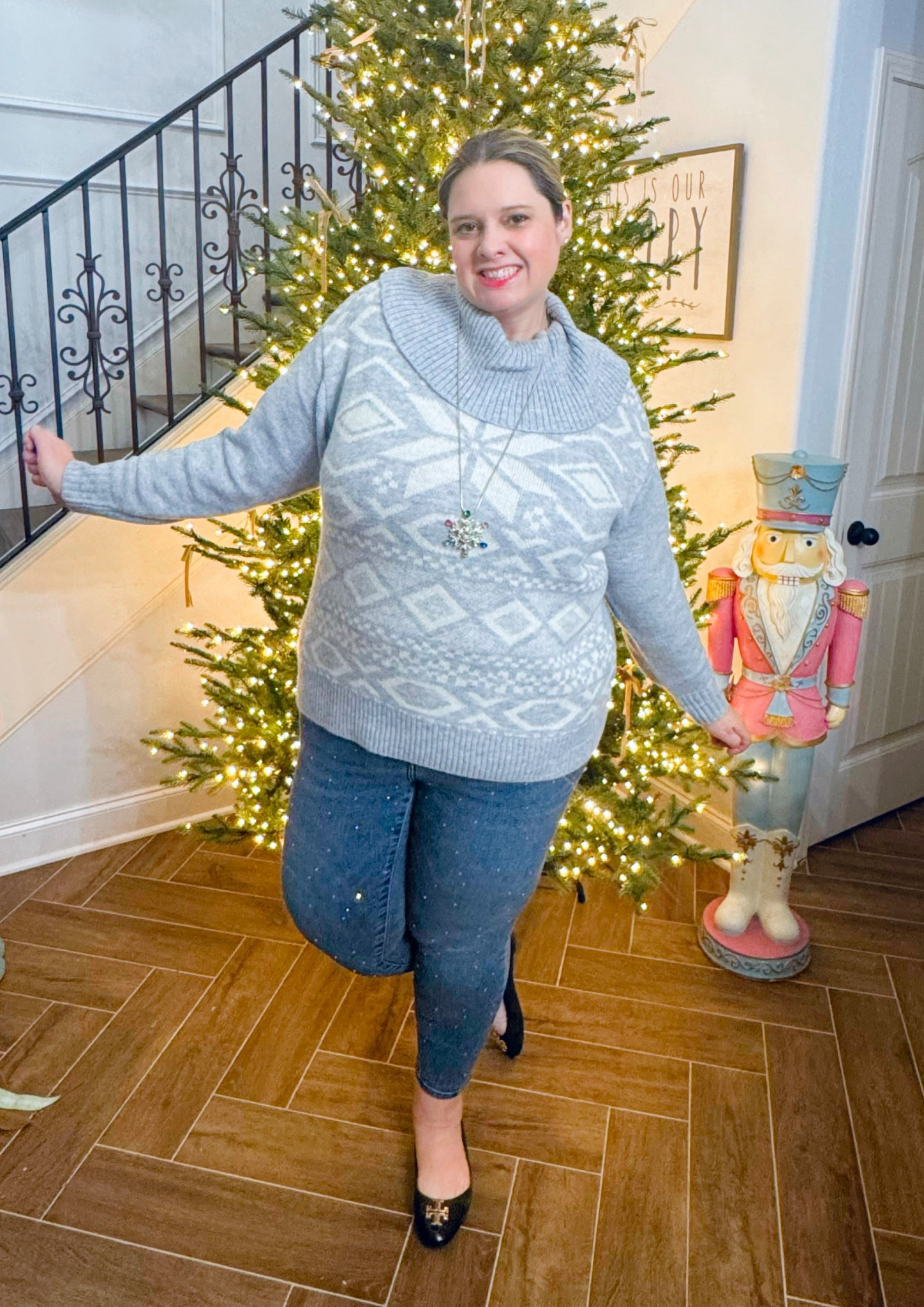 Sparkley jeans to add some holiday flare to a cozy casual look - and both pieces are on sale 🙌

#LTKootd #LTKHoliday #LTKPlusSize