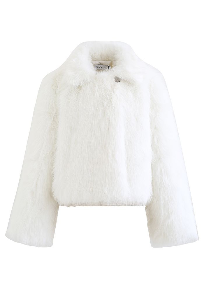 Fluffy Faux Fur Collared Crop Coat in White | Chicwish