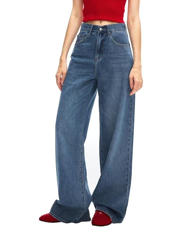 Women's Adjustable Wasit Baggy Jeans with Snap-Button Waistband Wide Leg High Rise Jeans for Wome... | Amazon (US)